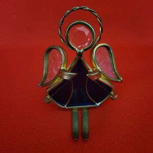 Vintage Stained Glass Skier Blue Gold Tone